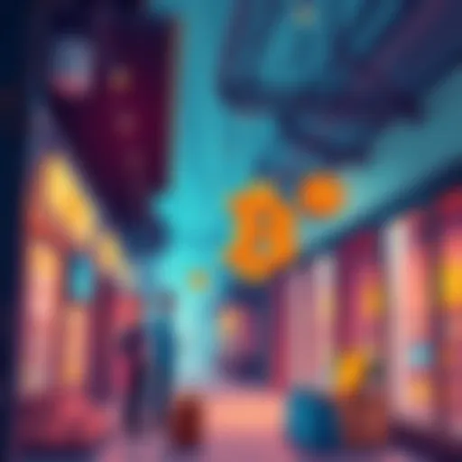 Illustration of a Bitcoin payment system with people running a node and accepting Bitcoin in a local store.