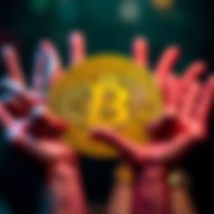 A Bitcoin symbol surrounded by peace signs, representing the shift from violence to peace.