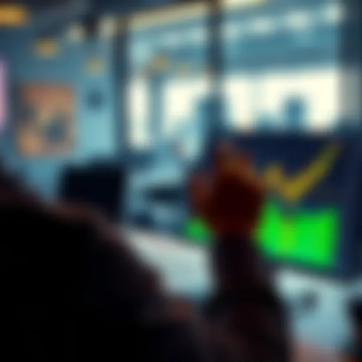 A person analyzing Bitcoin price charts with peaks highlighted, symbolizing a strong investment strategy, in a modern office setting.