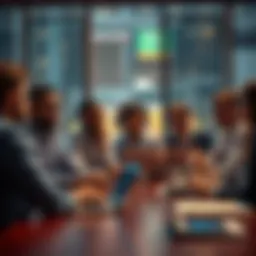 A group of people discussing Bitcoin at a table, with charts and graphs visible on laptops, illustrating various investment opinions.