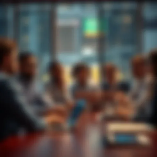 A group of people discussing Bitcoin at a table, with charts and graphs visible on laptops, illustrating various investment opinions.