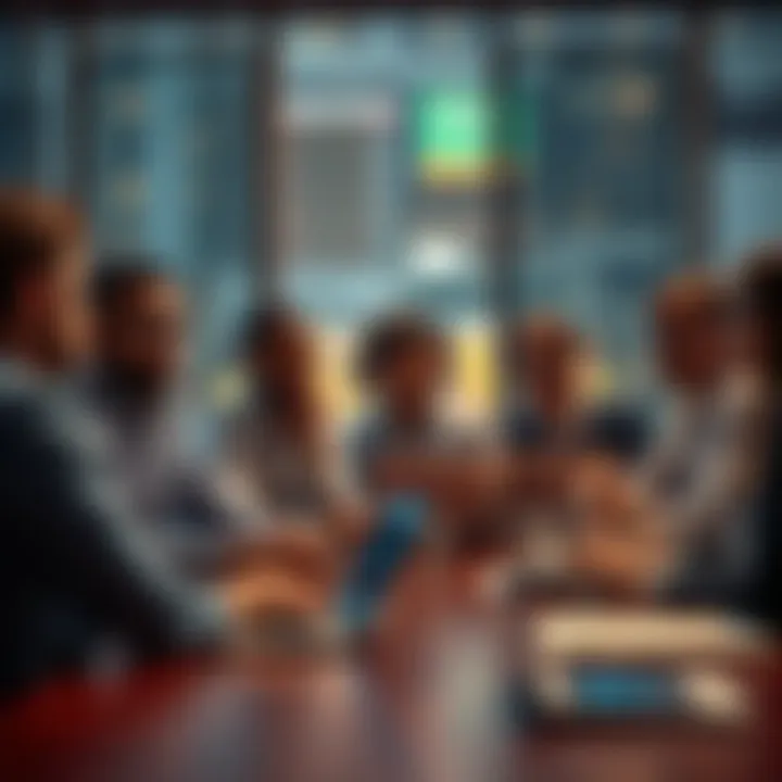 A group of people discussing Bitcoin at a table, with charts and graphs visible on laptops, illustrating various investment opinions.