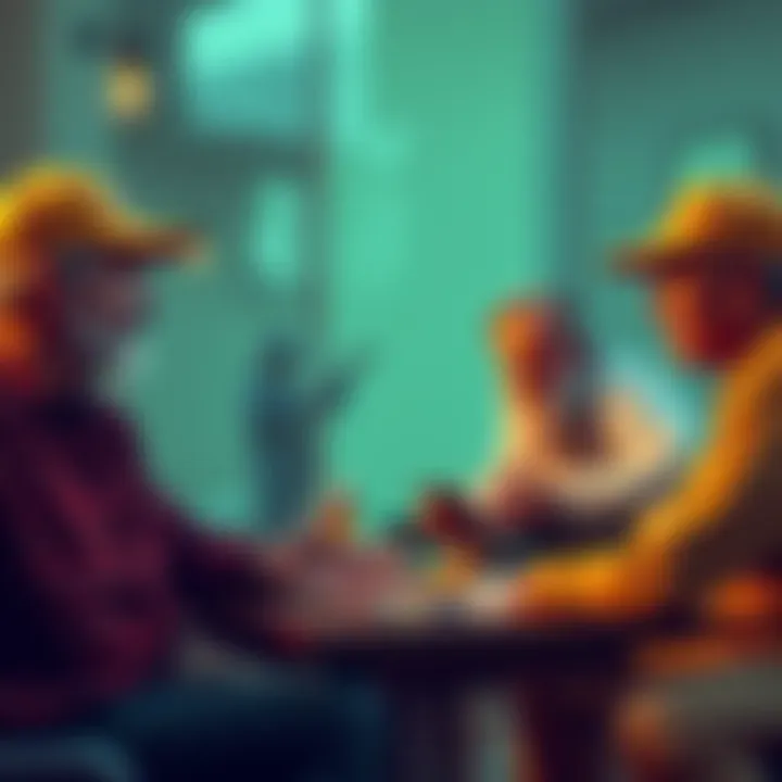 Early Bitcoin pioneers engaged in discussions, sharing tips and wisdom with enthusiasm, illustrating the spirit of generosity in the community.