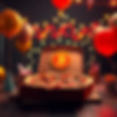 A festive scene with a pizza box featuring the Bitcoin logo, balloons, and party decorations, celebrating the history of Bitcoin purchases.