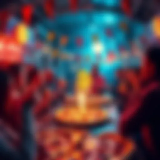 A festive scene showing people enjoying pizza and celebrating the anniversary of the first Bitcoin transaction, featuring pizzas and digital currency symbols.