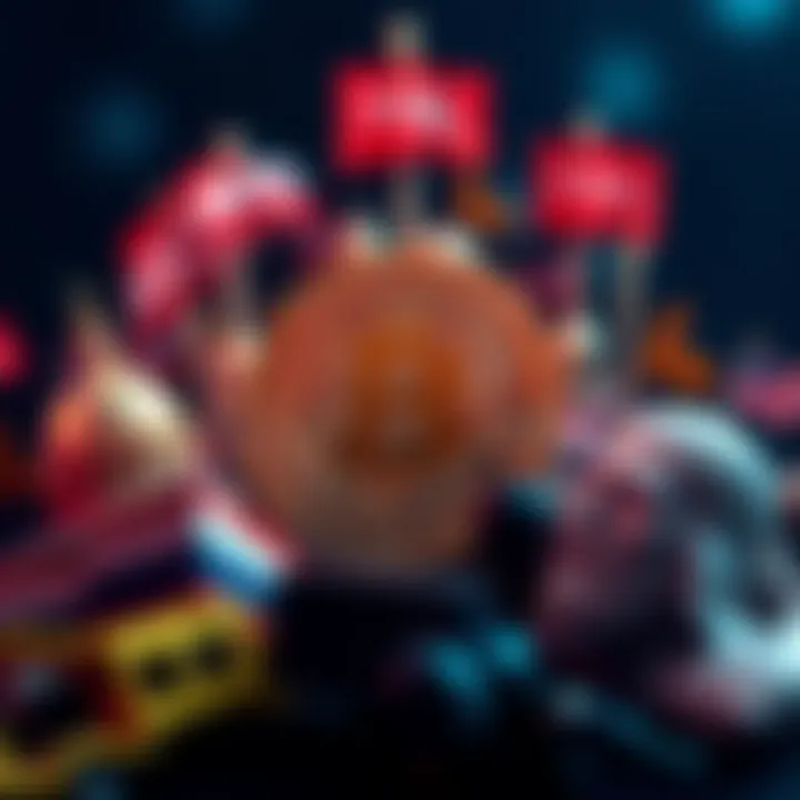 Bitcoin symbol surrounded by political symbols representing government influence and policies