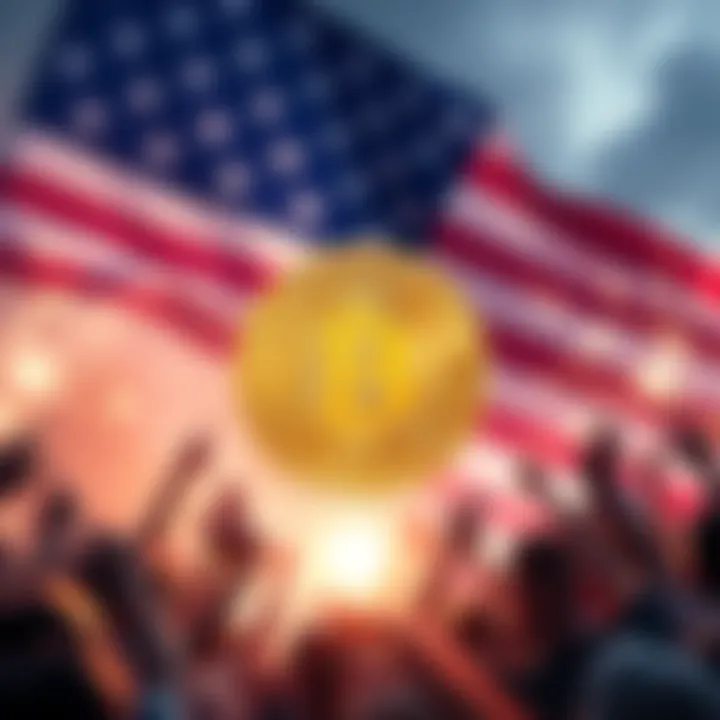 A graphic showing Bitcoin with a background of the American flag and people celebrating its rise in use.