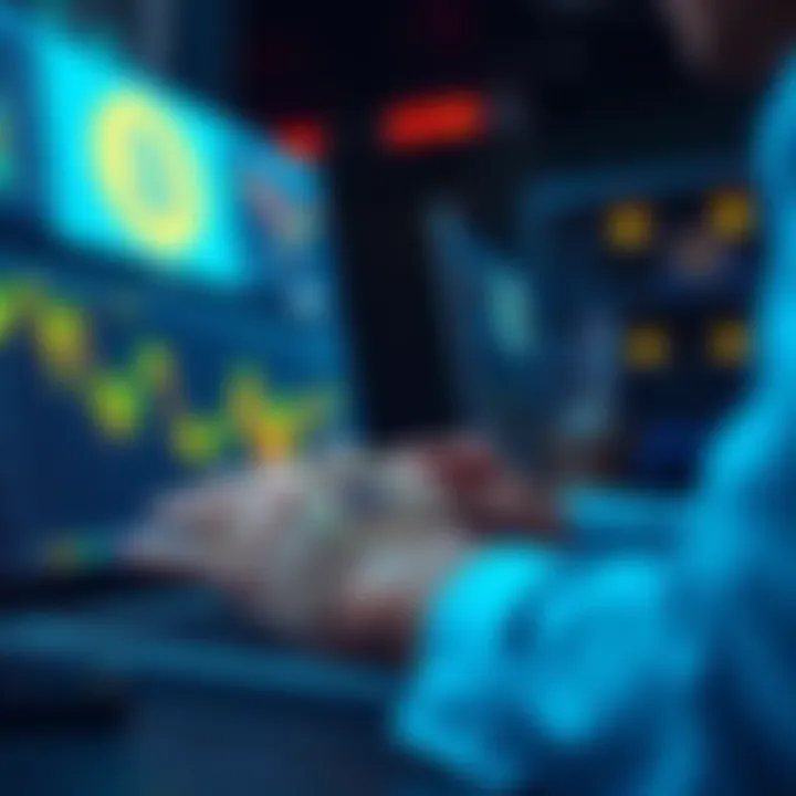 A person analyzing a Bitcoin portfolio on a laptop while considering staking options, with Bitcoin graphics in view.