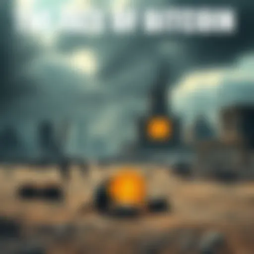A barren landscape with a ruined city, where people are trading goods with Bitcoin symbols visible, showcasing a barter system in a post-nuclear environment.