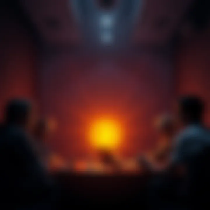 A group of people discussing Bitcoin with a power outage backdrop, showing a dark room with a glowing screen
