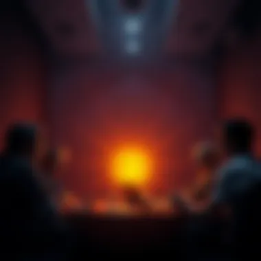 Bitcoin during power outage A group of people discussing Bitcoin with a power outage backdrop, showing a dark room with a glowing screen