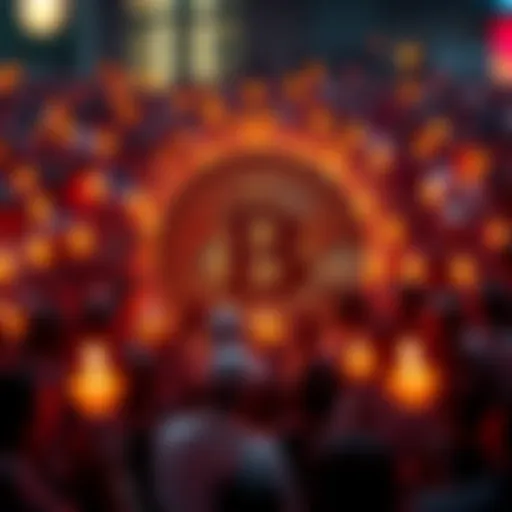 A visual representation of Bitcoin surrounded by people praying for economic validation and investment