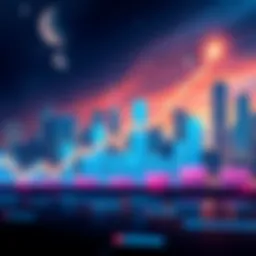 A chart showing a rising trend in Bitcoin prices with a futuristic skyline in the background, symbolizing financial growth.