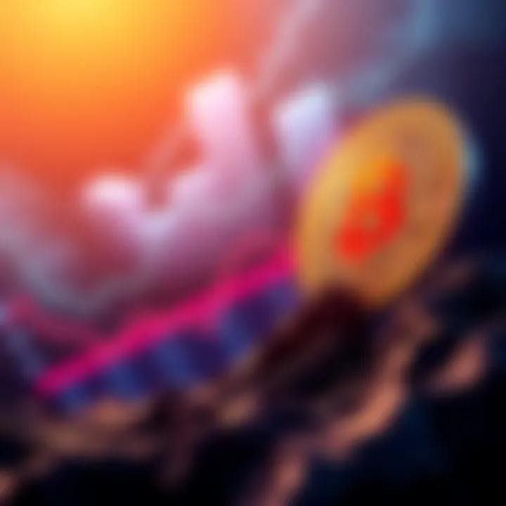 A graphic showing a Bitcoin symbol with a dollar sign reaching towards a high target.