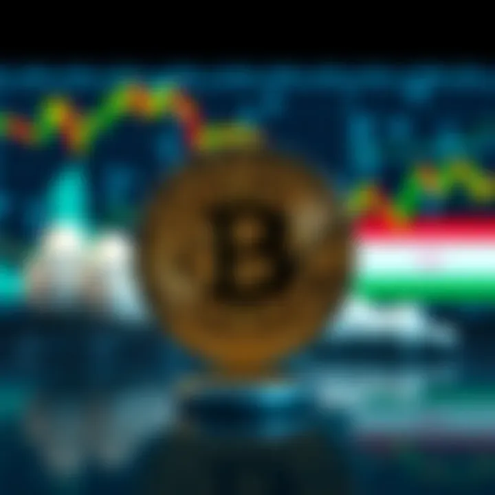 Bitcoin symbol in front of a backdrop showing rising market charts and images of Iran, symbolizing current tensions.