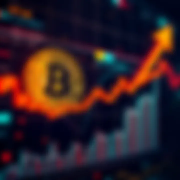 A digital chart showing Bitcoin price trends with a bullish arrow indicating upward movement, symbolizing investment opportunities in cryptocurrency.