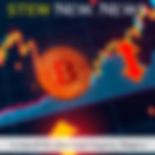 A Bitcoin price chart showing a surge to a high point with downward arrows indicating concerns about a potential price drop.