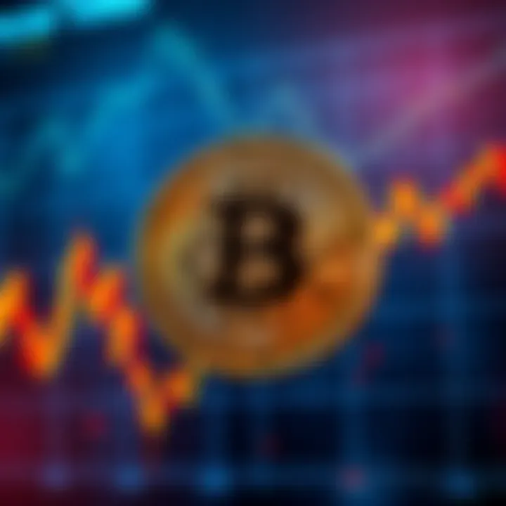 Bitcoin logo over a chart showing a downward trend with worried investors in the background