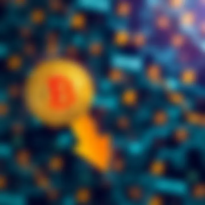 A downward arrow representing Bitcoin's falling value over the past year with a blurred background of digital currency symbols.
