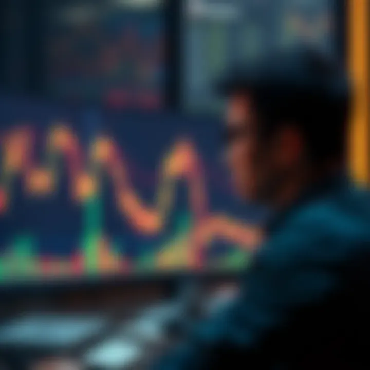 A downward trending line on a Bitcoin price chart with a worried investor looking at a computer screen