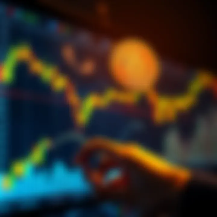 A chart showing a downward trend in Bitcoin prices with an investment graphic and a hand reaching for the dip