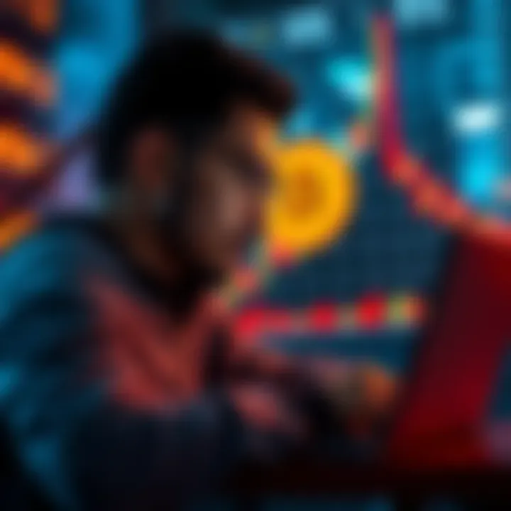 A person analyzing a Bitcoin price chart on a laptop, looking thoughtful about investment decisions during a market dip.