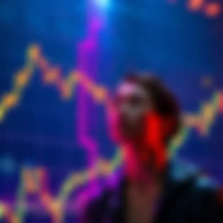 A graph showing Bitcoin's price falling, indicating a dip in the market; a person looks hopeful, planning to buy more Bitcoin.