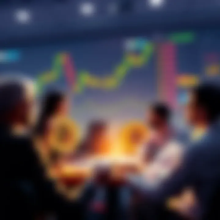 Group of people debating Bitcoin price predictions with charts and graphs