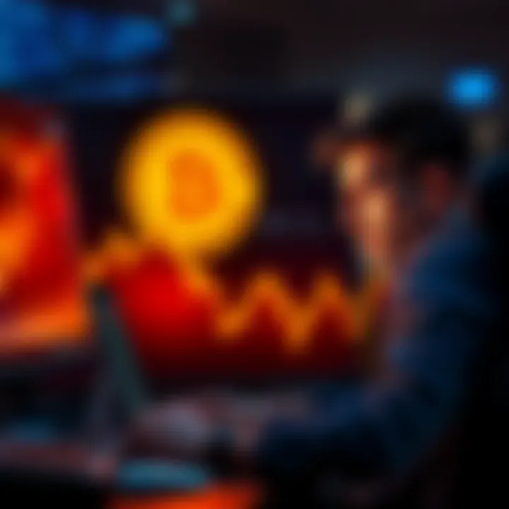 A graph showing a downward trend in Bitcoin's value, with a worried investor looking at a computer screen.