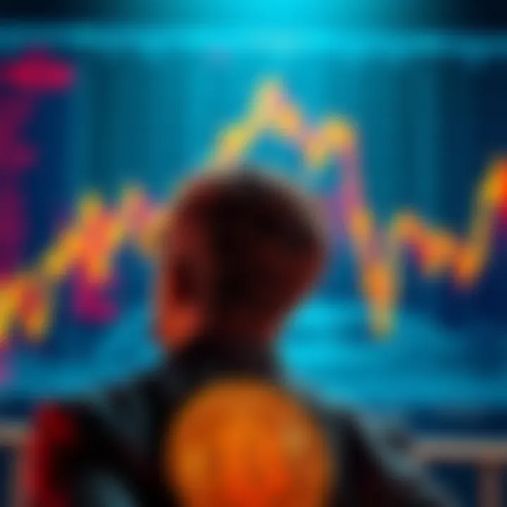 A graphic showing a downward trend in Bitcoin prices with a worried investor looking on.