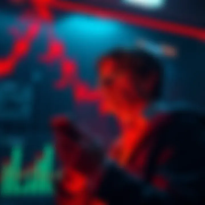 A graph showing a steep decline in Bitcoin prices with a concerned person looking at their phone, symbolizing market uncertainty.