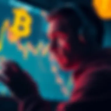 A graph showing Bitcoin's price decline from high to low, with a worried investor looking at the screen