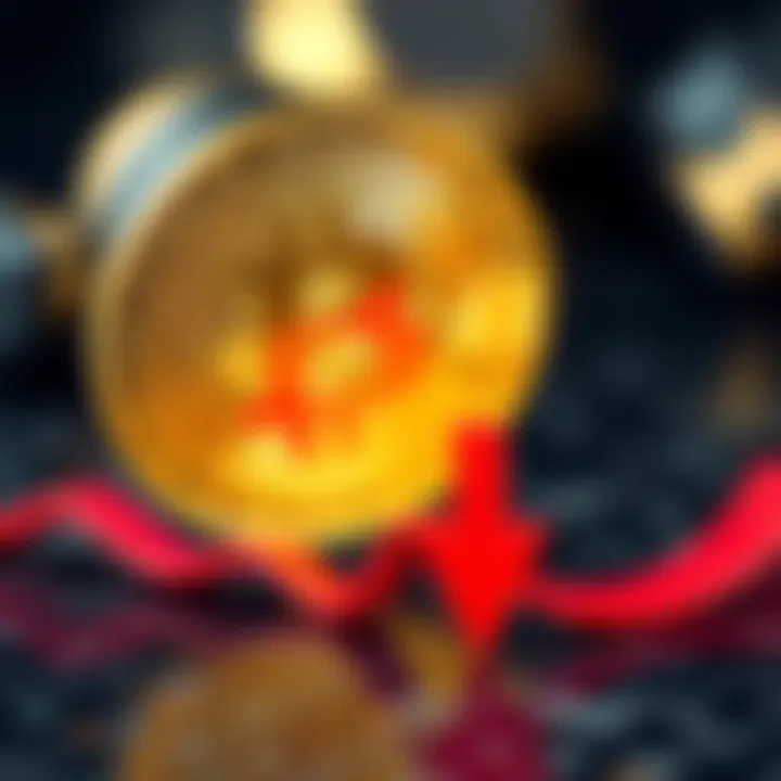 A gold Bitcoin symbol alongside a red downward arrow, indicating a potential drop in price due to decreased demand.