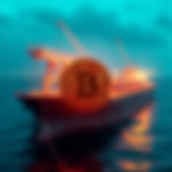 A digital representation of Bitcoin falling below $75,000 with a backdrop depicting empty oil tankers in the Strait of Hormuz.