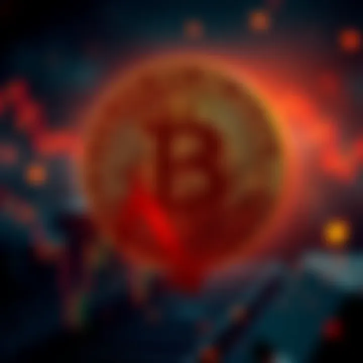 Bitcoin price drop A digital representation of the Bitcoin logo with a downward arrow indicating price decline amid market tensions and short selling.