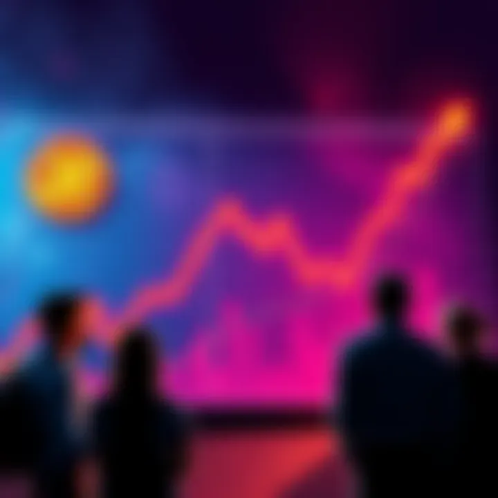 A graph showing a sharp decline in Bitcoin price with worried people contemplating hold or sell options.