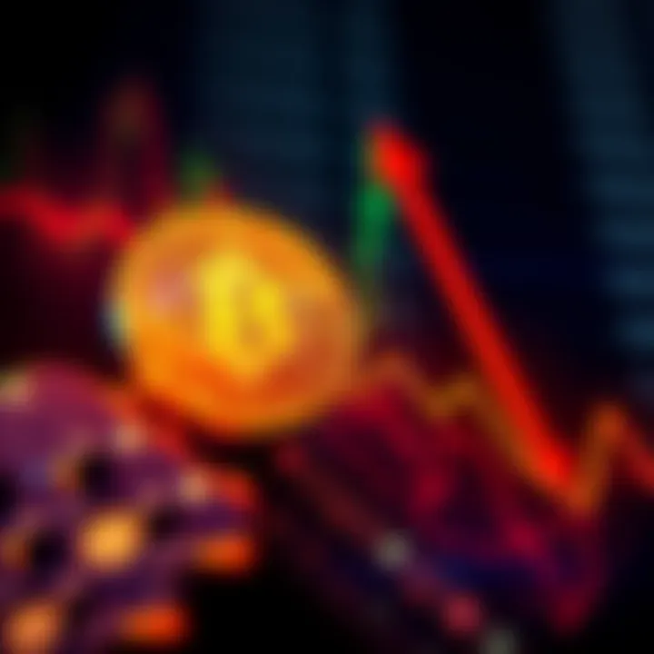 A graph showing a significant drop in Bitcoin prices, illustrating a downward trend with green and red arrows indicating market volatility.