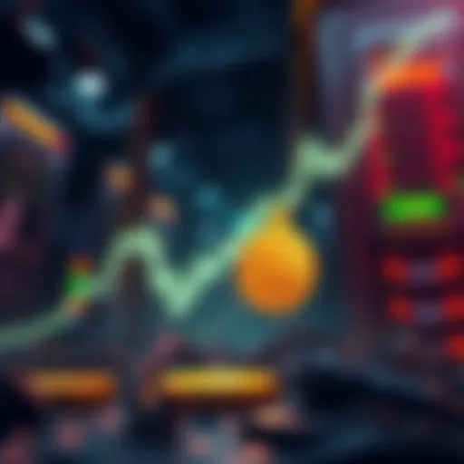 Illustration showing a downward trend in Bitcoin price with mining equipment in the background