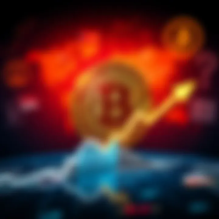 A graphic showing a downward trend in Bitcoin's price with a background of global conflict symbols