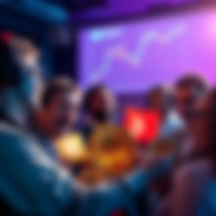 A group of confident Bitcoin supporters discussing predictions of price surges, with visual elements representing financial growth, like charts and coins.