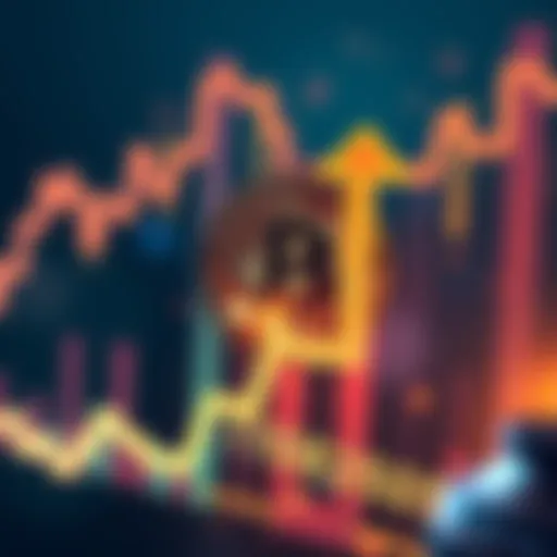 A graphic showing Bitcoin symbol with an upward trending arrow and a bright background, symbolizing a potential price surge to 75K amid market speculation.