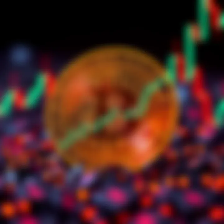 Bitcoin symbol with a steady price chart showing 59k amidst FUD and scam alerts