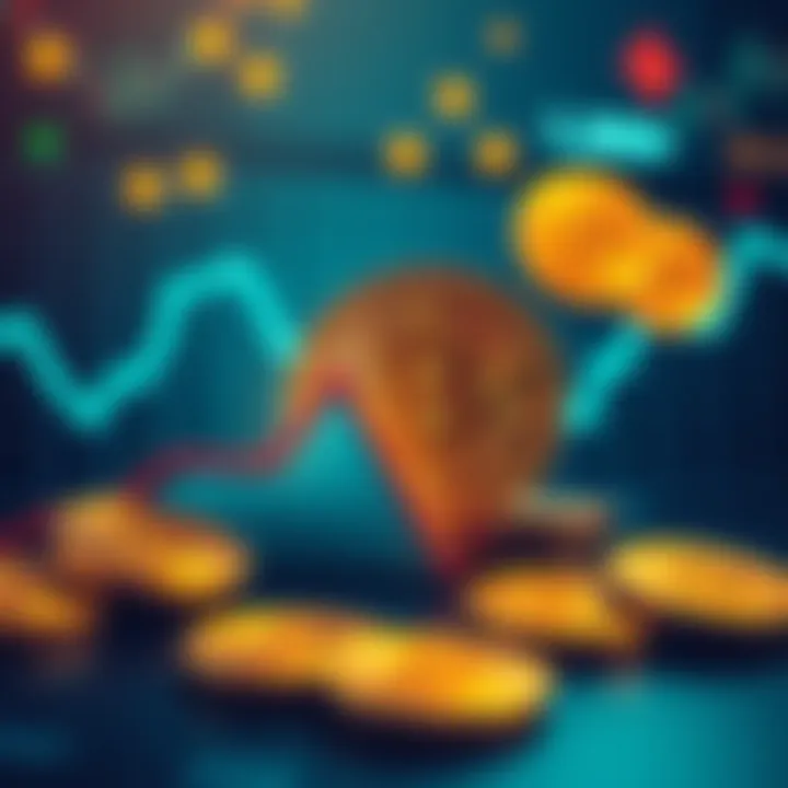 A visual representation of Bitcoin's price struggle amid rising inflation, showing a downward trend on a graph with Bitcoin symbols around it.