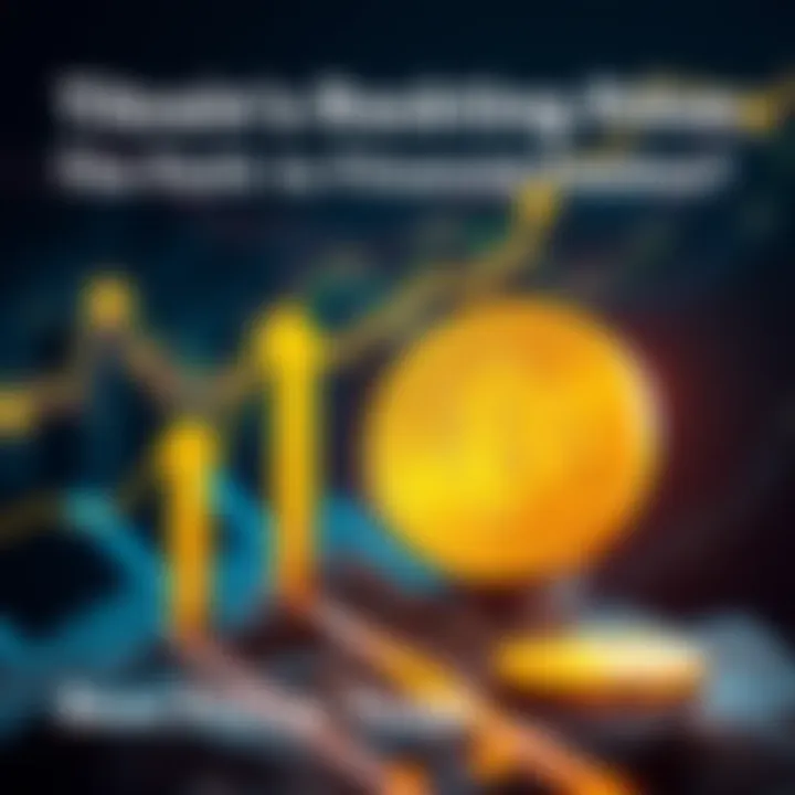 A graphic showing the rising price of Bitcoin with upward arrows and a gold coin symbolizing wealth.