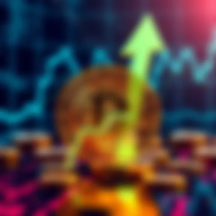 Bitcoin logo with an upward arrow, indicating a price surge to 70K, set against a digital background