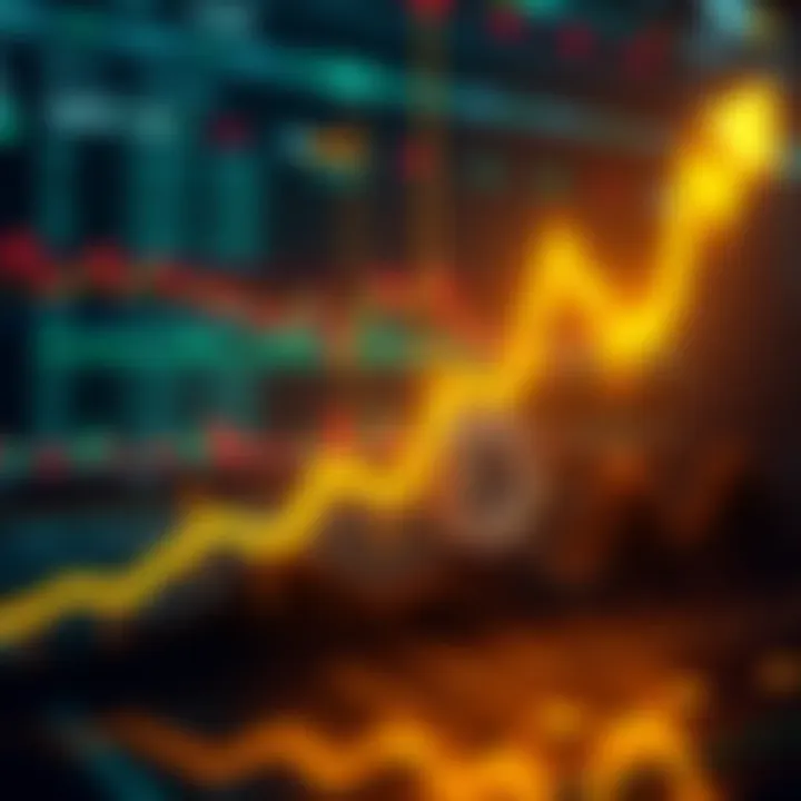 A graphic showing a sharp upward trend in Bitcoin prices with a background of trading charts and market indicators