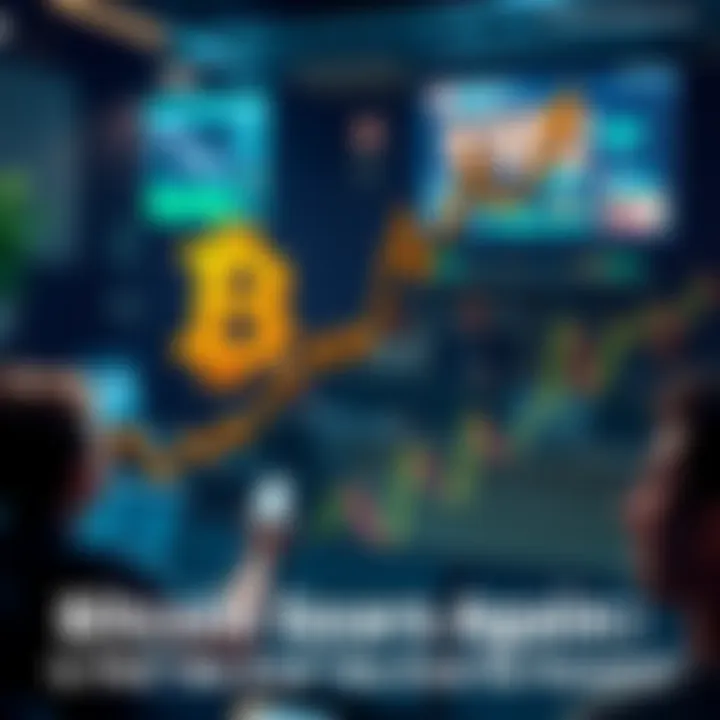 Bitcoin Price Surge Graph showing Bitcoin price rising sharply with a background of excited people discussing online