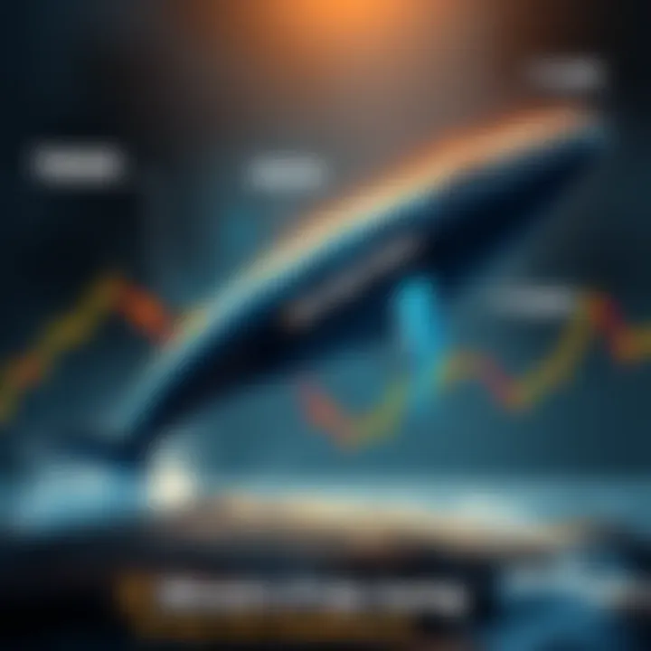 Bitcoin price chart showing a sharp increase from 68000 to 71000, with a whale symbolizing a large investor facing liquidation.