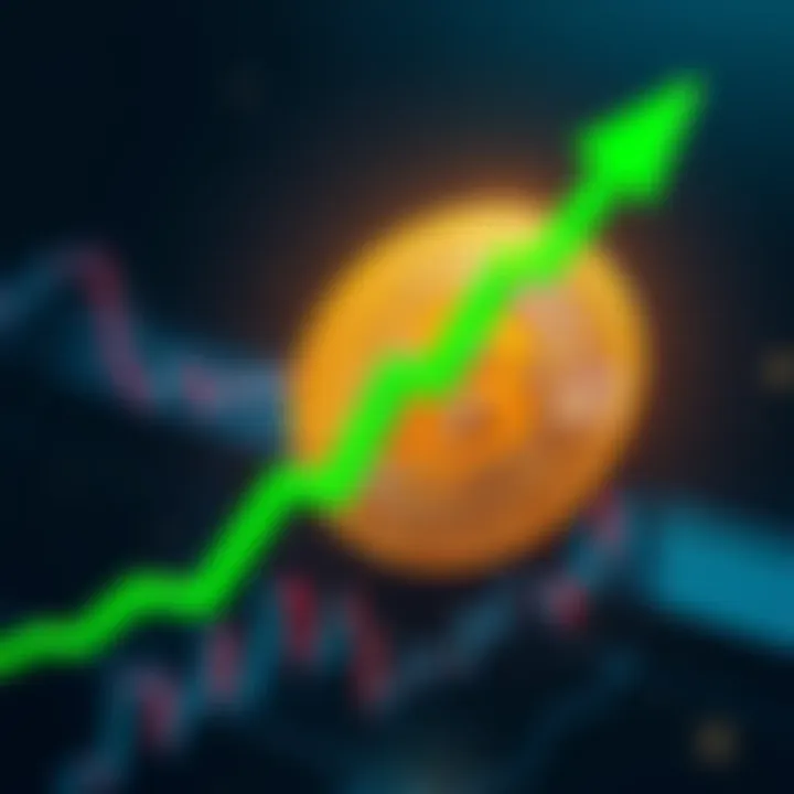 Bitcoin breaking above a trendline with a rising price chart and a green upward arrow