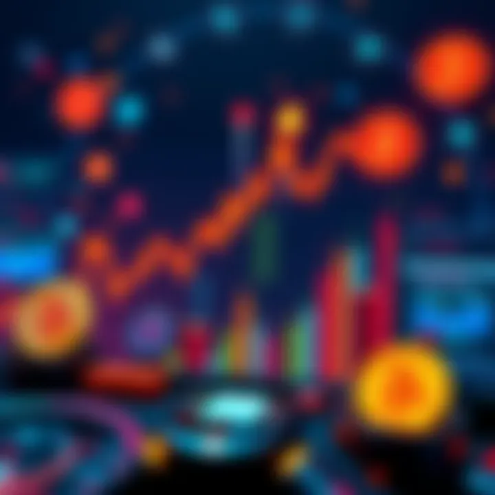 A graph showing Bitcoin price fluctuations with upward and downward trends, surrounded by symbols of market factors like news and technology.